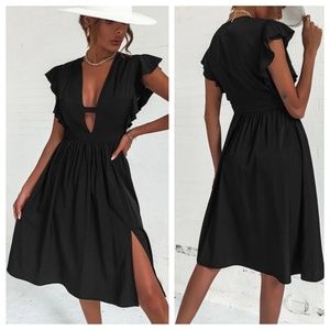 SHEIN Plunging Neck Ruffle Trim Split Hem Dress